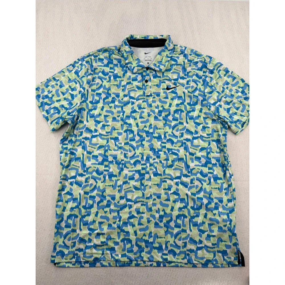 Nike Dri-FIT Golf Polo Shirt Mens XL Blue/Green Confetti Camo Print FD5939-435